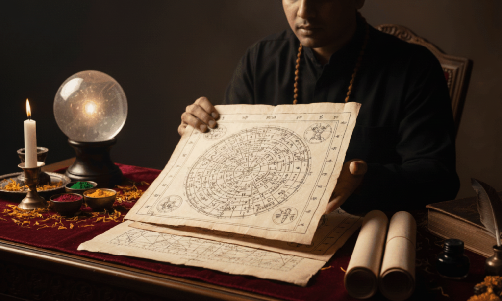 Zodiac signs wheel illustrating Vedic horoscope reading and planetary influences.