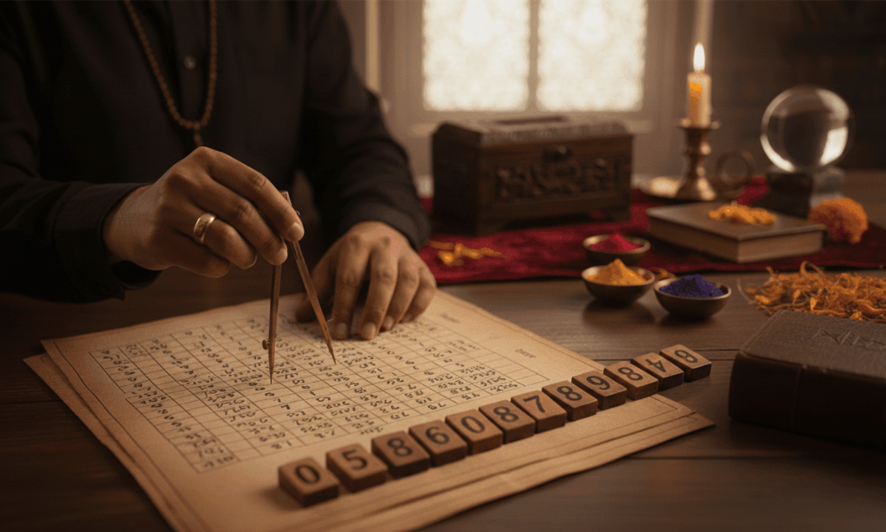 Graphic representation of numerology with various numbers and birth date symbols.