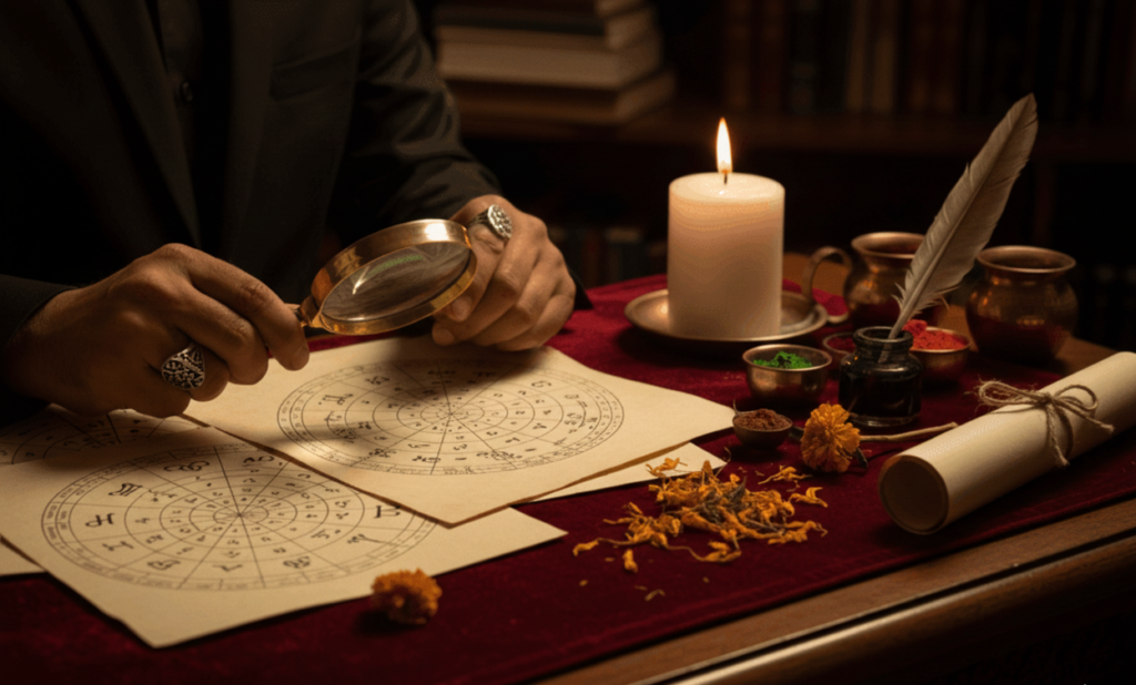 Detailed Janam Kundali birth chart with Vedic astrology symbols and planetary positions.