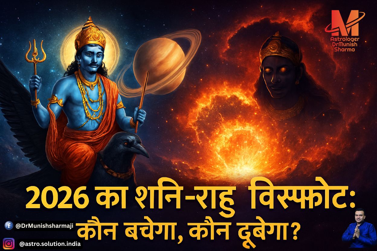 Lord Shani and Rahu depicted in a cosmic 5D landscape with Saturn, fiery explosion, and Hindi text about 2026 Saturn-Rahu conjunction.
