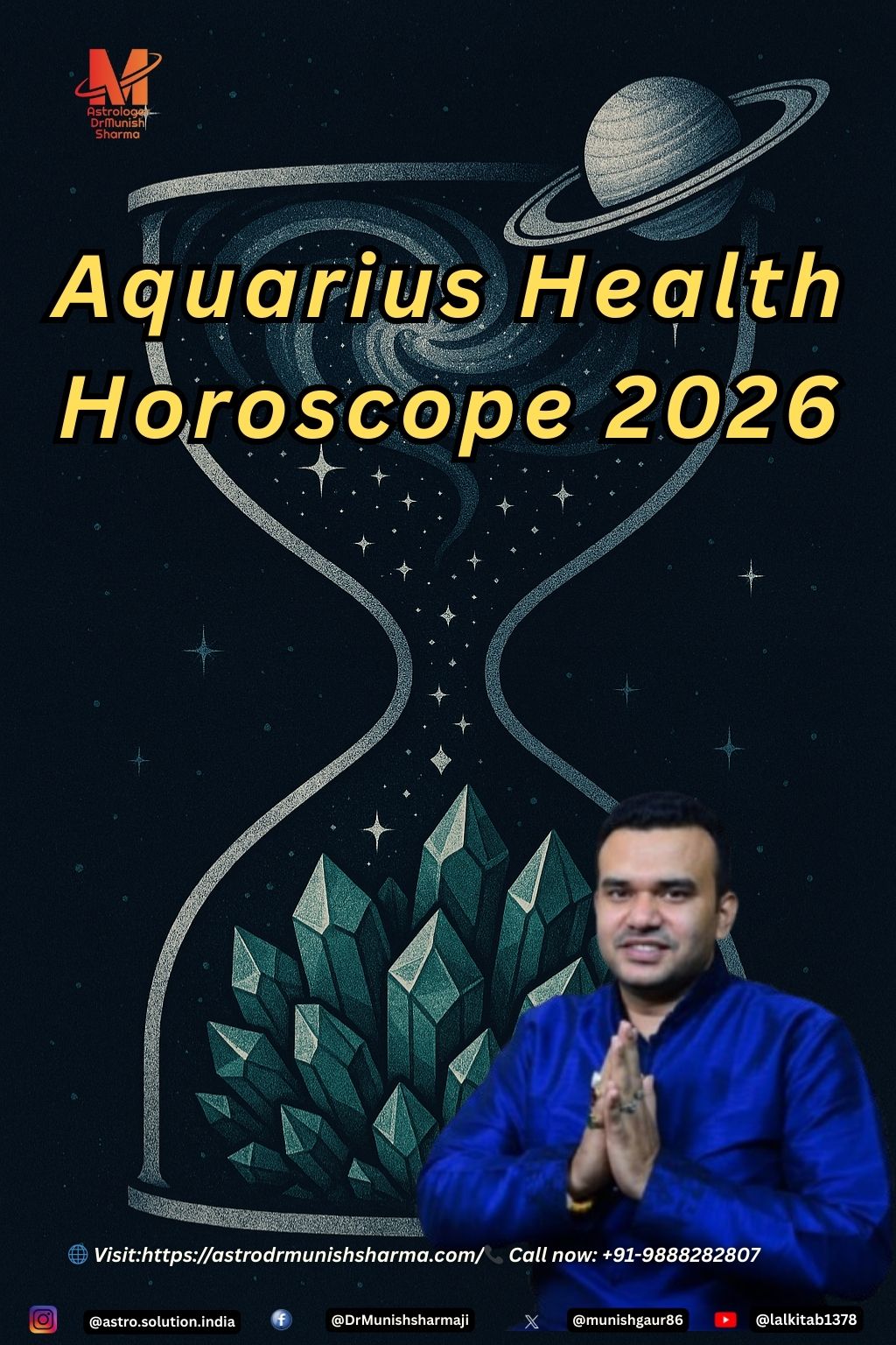 A person sits in a meditative lotus pose within a high-tech, futuristic wellness chamber. Glowing blue holographic interfaces surround them, displaying sacred geometry, the Aquarius zodiac symbol, and health data charts. The atmosphere is serene and modern, featuring a cool blue and indigo color palette.