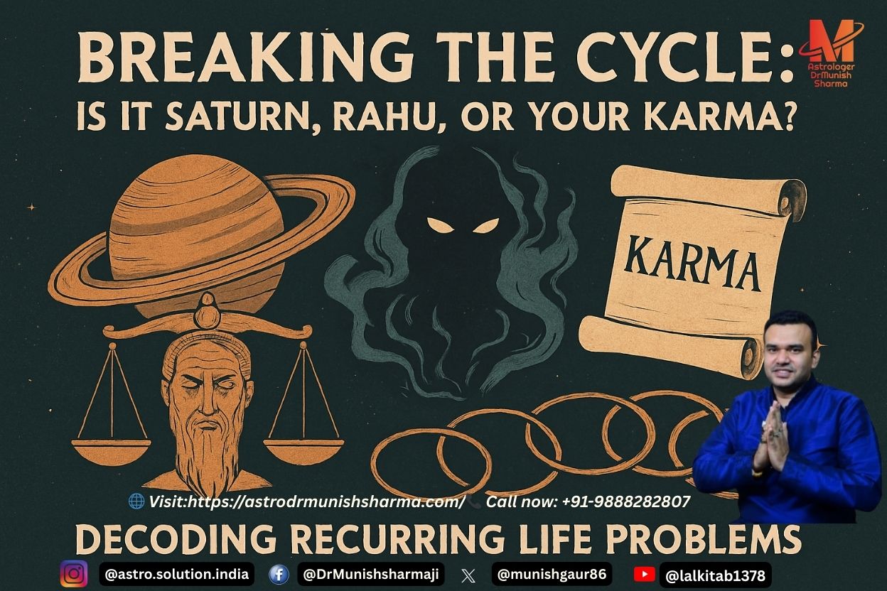 A mystical landscape under a starry night sky featuring Saturn glowing above, Rahu as a smoky shadow, and a karmic wheel etched into the terrain, with mountains and rivers blending celestial and earthly energy.