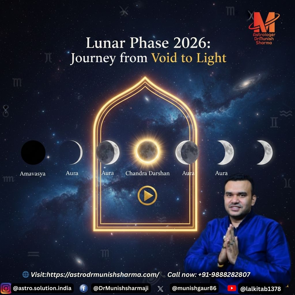 Infographic showing the 2026 lunar phase transition from Amavasya to Chandra Darshan with spiritual aura highlights, featuring astrodrmunishsharma branding and a cosmic galaxy background.