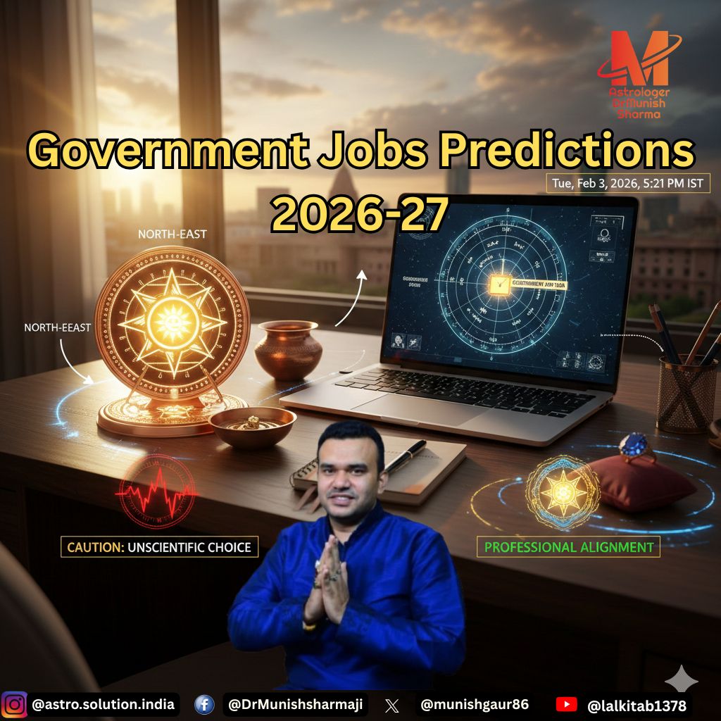 "A professional desk setup featuring a laptop with a Vedic astrology chart, a glowing Sun Yantra for Vastu, and a high-end Blue Sapphire gemstone. The image highlights 'Professional Alignment' versus 'Unscientific Choice' with a sunset city skyline in the background."
