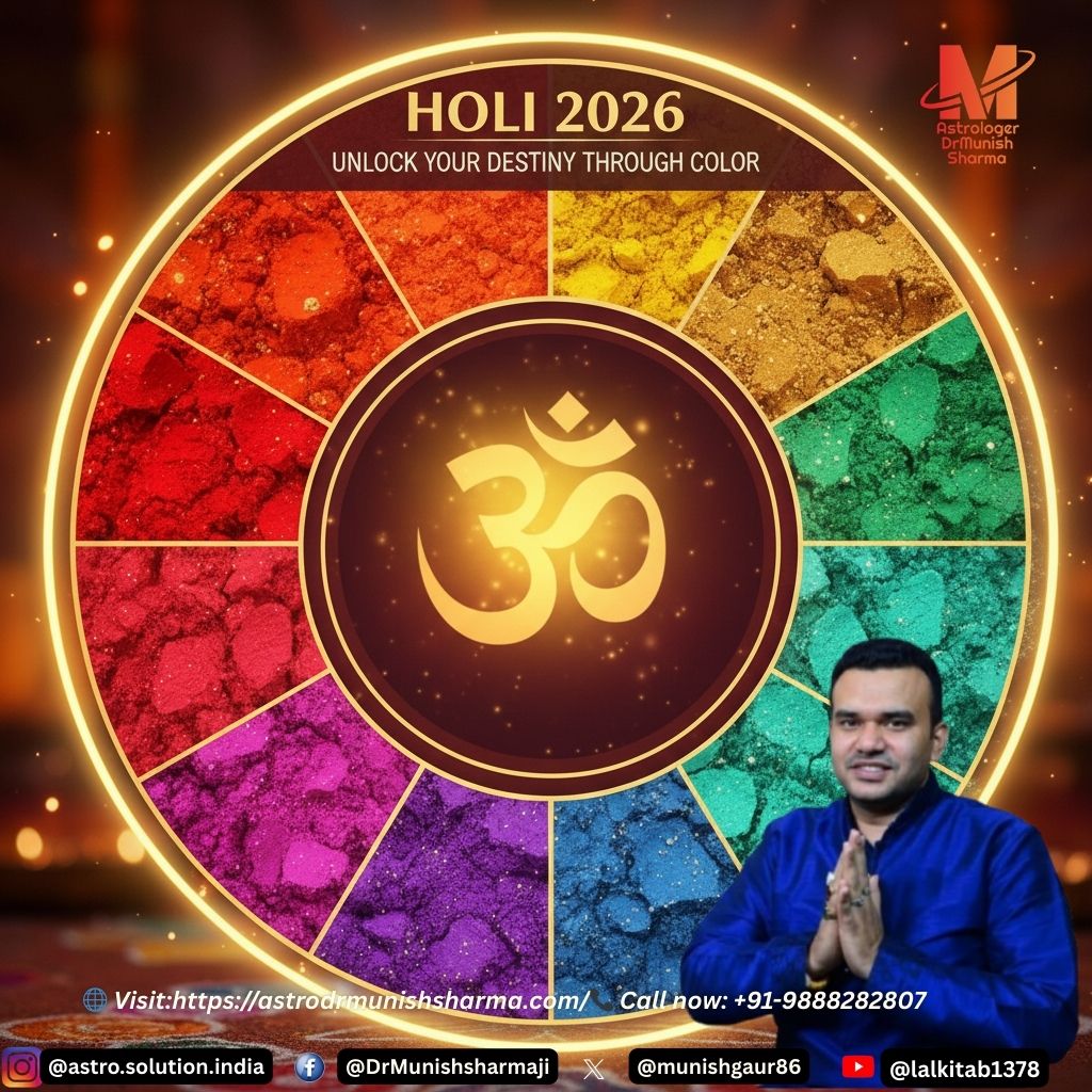 A vibrant circular zodiac color wheel for Holi 2026 featuring 12 segments of colorful organic gulal powders like red, yellow, green, and blue. The center features a glowing golden Om symbol with the text 'Holi 2026: Unlock Your Destiny Through Color' in a premium gold font.