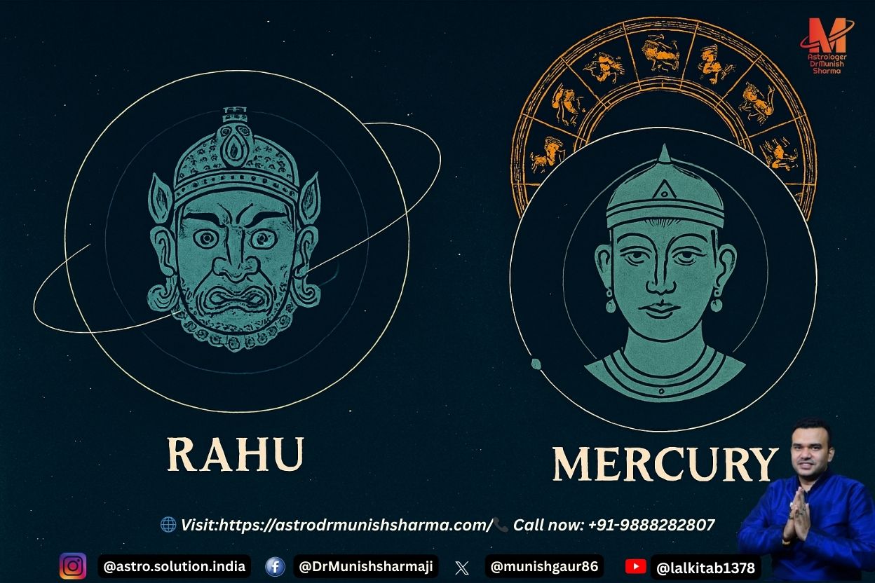 Mystical landscape with cosmic patterns and Indian zodiac signs integrated into digital grids, symbolizing the Rahu–Mercury connection in Vedic astrology.