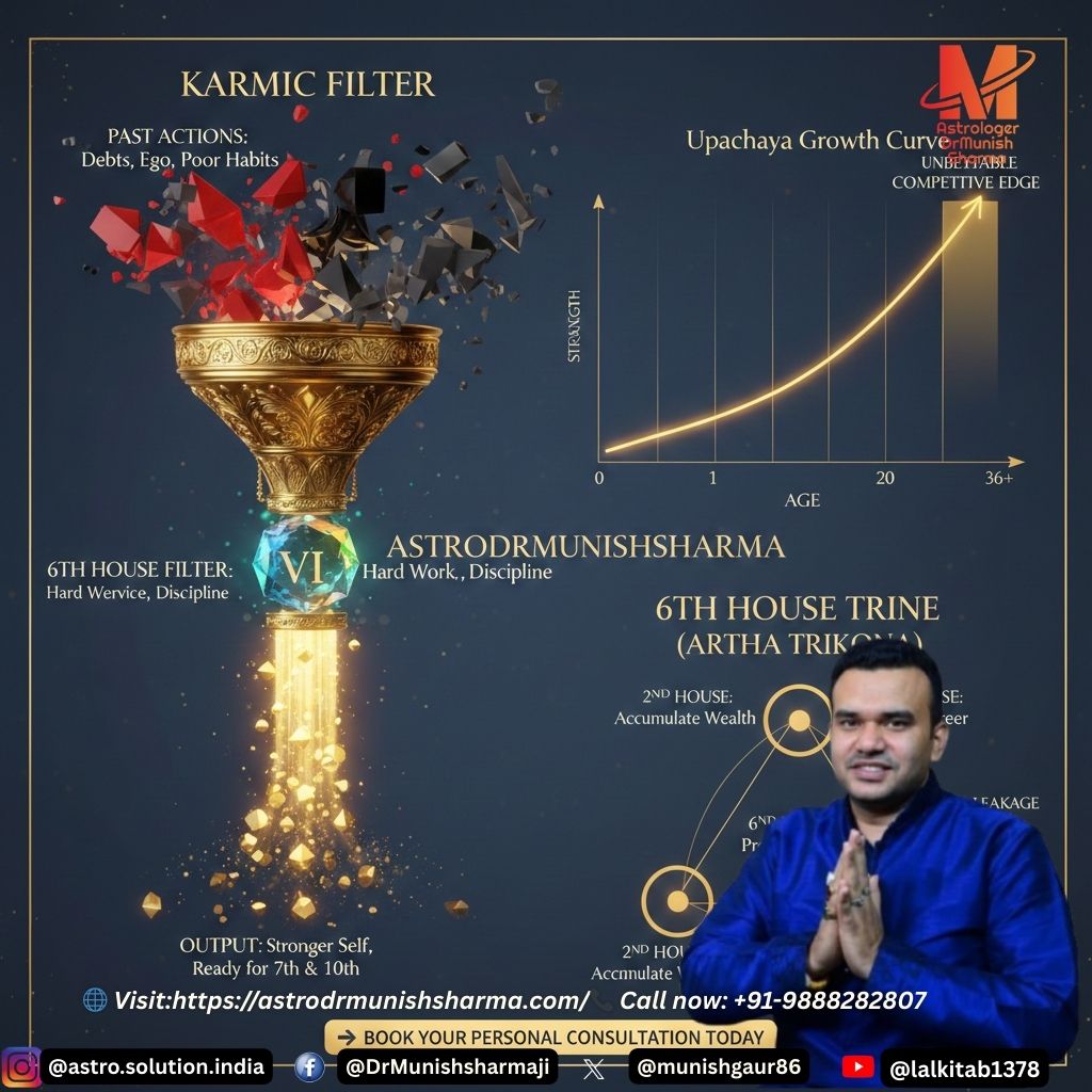 An educational infographic by AstroDrMunishSharma titled 'Karmic Filter,' illustrating the 6th House in Vedic Astrology through a golden funnel metaphor, an Upachaya growth curve graph showing strength increasing with age, and the Artha Trikona (Wealth Triangle) diagram.