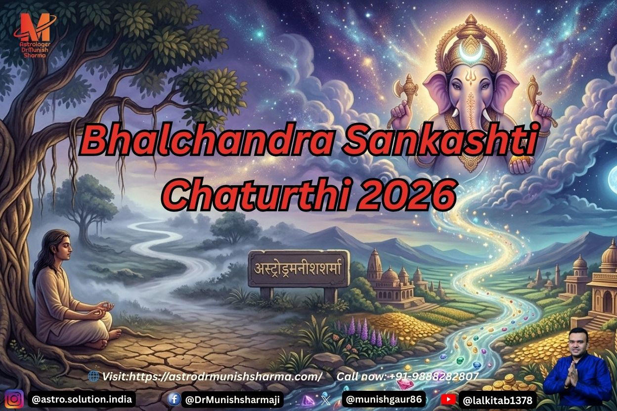 Lord Ganesha with a crescent moon on his forehead (Bhalchandra) with 2026 fasting dates and moonrise timings. Branded by Astrodrmunishsharma.