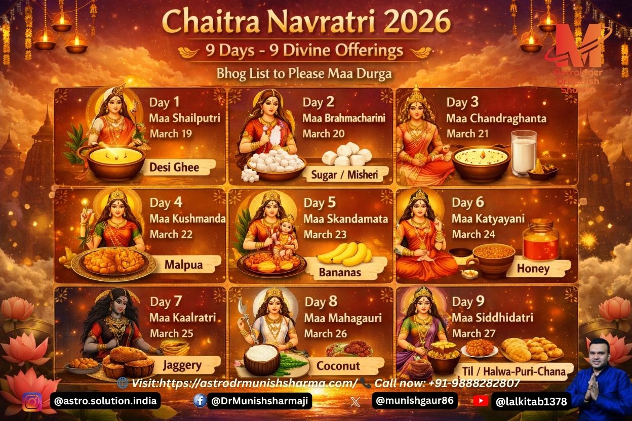 Chaitra Navratri 2026 Bhog offerings for nine days, each dedicated to a form of Maa Durga, including ghee, sugar, kheer, malpua, bananas, honey, jaggery, coconut, and sesame seeds.