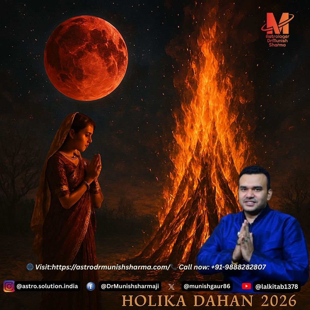 Holika Dahan bonfire under a blood moon eclipse with Lord Narasimha watching, symbolizing karmic cleansing and wealth manifestation during Siddha Ratri 2026.