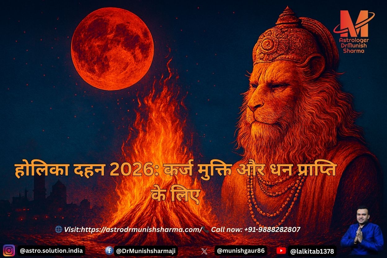 “Holika Dahan bonfire under a blood moon with Lord Narasimha watching, set against a mystical Indian cityscape at night.”