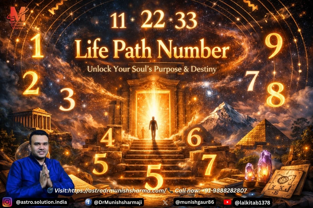 Life Path Numbers in numerology with glowing numbers 1–9 and master numbers 11, 22, 33 surrounding a cosmic gateway symbolizing destiny and soul purpose.