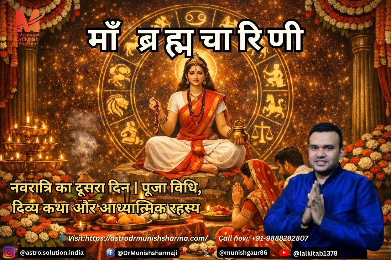 Maa Brahmacharini in white attire holding japa mala and kamandal, symbol of penance, devotion, and Navratri Day 2 worship