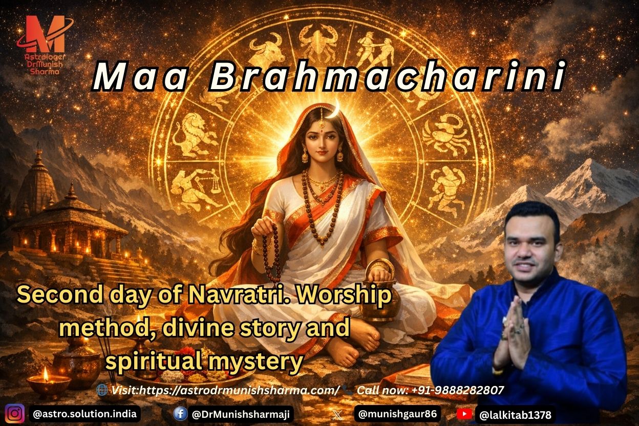 Maa Brahmacharini symbolized through white aura, rosary, kamandal, and jasmine flowers in a serene Himalayan landscape.