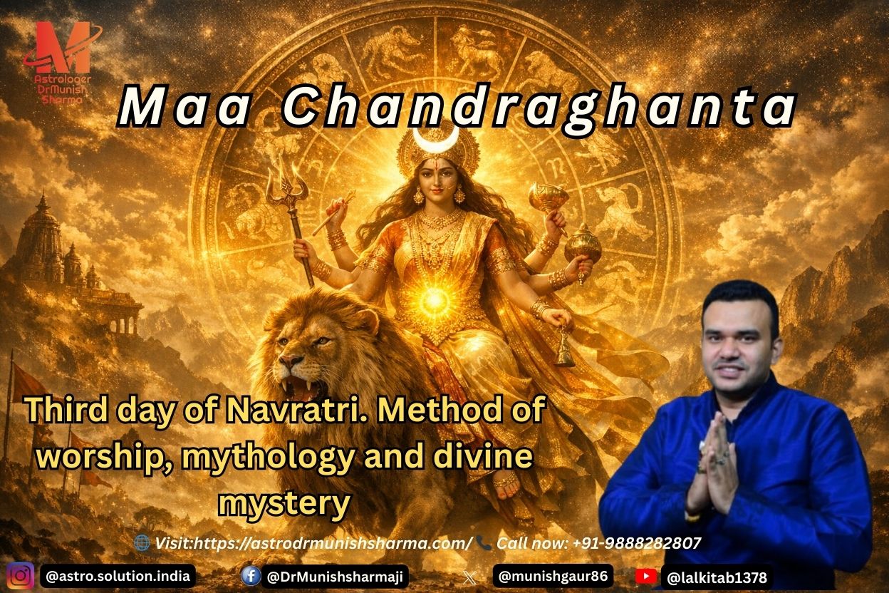 Golden aura Goddess Chandraghanta riding a lion, crescent moon on forehead, Manipura Chakra energy radiating courage and peace. Maa Chandraghanta, Navratri Day 3, Manipura Chakra, lion, crescent moon, golden aura, courage, peace.