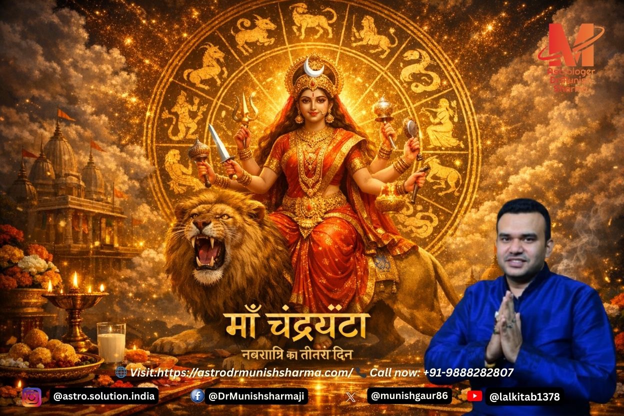 "स्वर्णिम आभा से दमकती माँ चंद्रघंटा, सिंह पर सवार, दस भुजाओं में अस्त्र-शस्त्र धारण किए हुए, मस्तक पर अर्धचंद्र घंटा सुशोभित।"