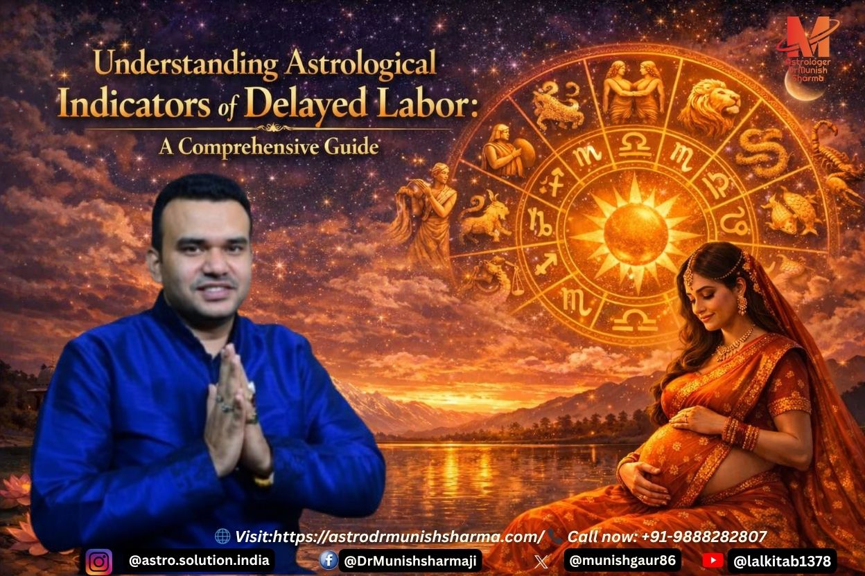 Symbolic illustration of Jupiter and Venus aligned over the 5th house in Vedic astrology, representing fertility and childbearing.