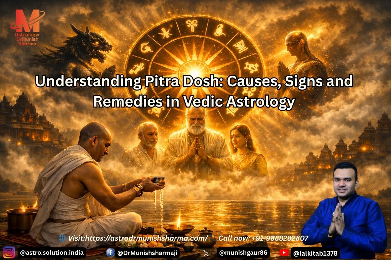 Pitra Dosh in Vedic astrology concept showing ancestors, kundli chart, Rahu Ketu influence and spiritual rituals like tarpan and pind daan