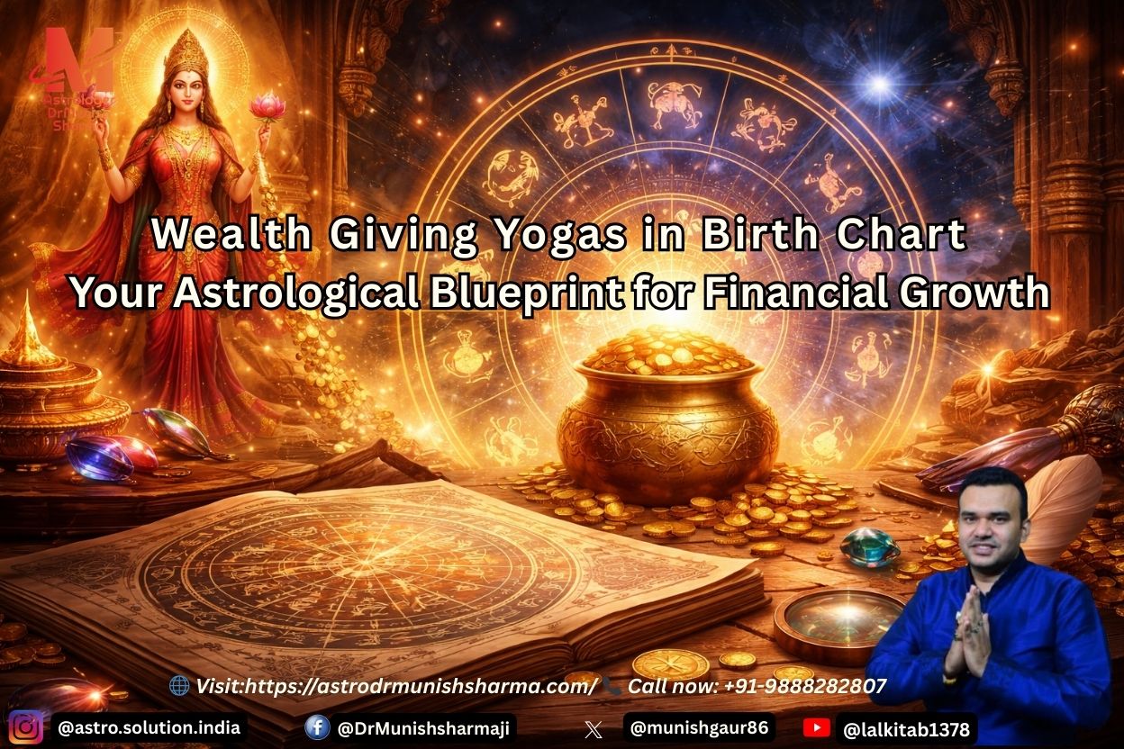 Wealth giving yogas in birth chart showing planetary alignment for financial success in Vedic astrology