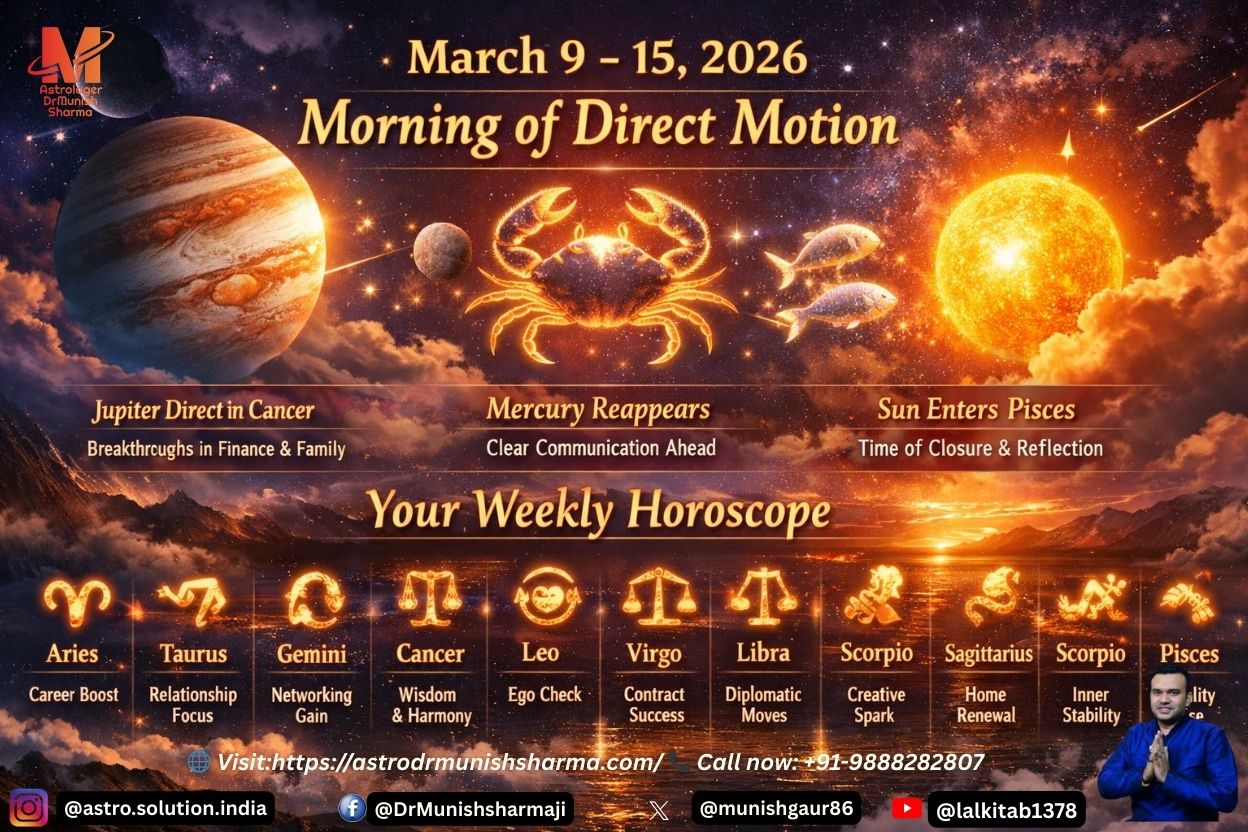 Weekly horoscope for March 9–15, 2026 featuring Jupiter turning direct in Cancer, Mercury becoming visible, and Sun entering Pisces. Sign-wise guidance for Aries to Pisces with themes of career, relationships, health, and spiritual growth.