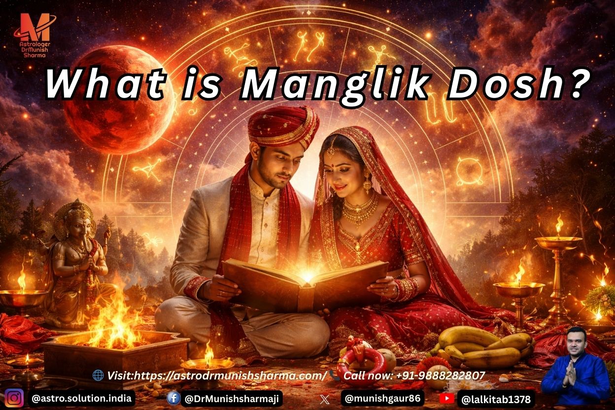 Manglik Dosh astrology concept showing an Indian couple in traditional wedding attire reading a horoscope under a glowing zodiac wheel and the planet Mars symbolizing marriage astrology and Mangal Dosha remedies.
