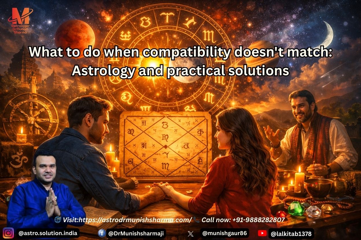 Astrology compatibility analysis with zodiac signs and horoscope matching chart showing relationship guidance and Vedic astrology solutions by AstroDrMunishSharma.