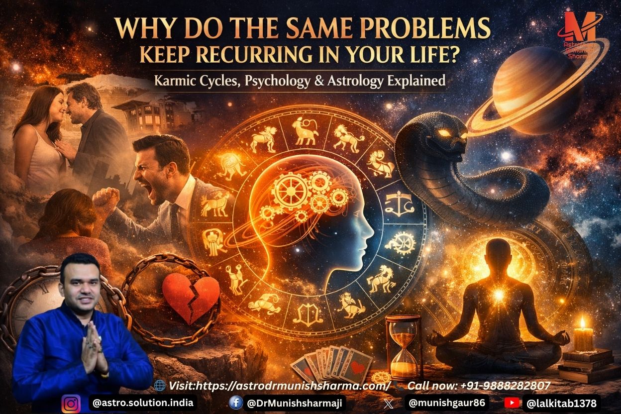 “Symbolic image of Saturn and Rahu representing karmic cycles and repeating life problems” “Psychology and astrology illustration showing subconscious patterns, karma debt, and emotional loops” “Recurring toxic relationships and karmic lessons visualized through planetary transits and subconscious programming”
