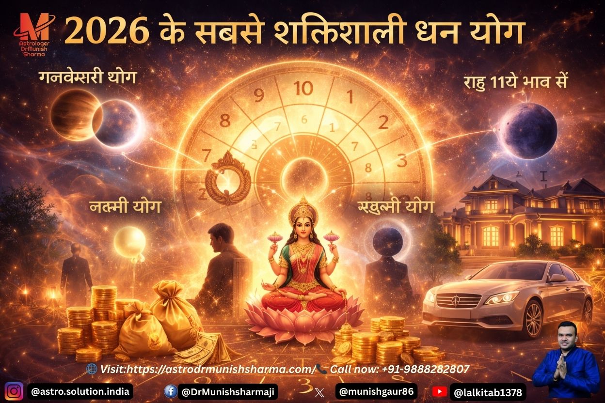 2026 में सक्रिय होने वाले धन योग को दर्शाता वैदिक ज्योतिष कुंडली चार्ट जिसमें गजकेसरी योग और लक्ष्मी योग हाइलाइट किए गए हैं।