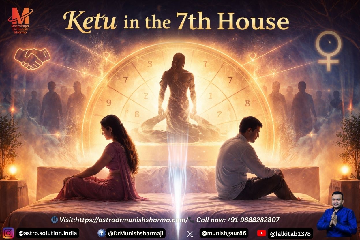 Illustration of Ketu in the 7th house symbolizing detachment, karmic marriage lessons, and spiritual transformation in Vedic astrology.