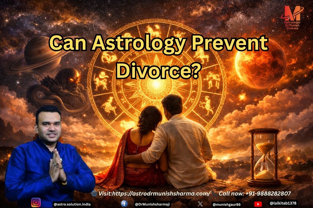 Cinematic 7D visual of cosmic planets influencing marriage, symbolizing astrology as a guide to prevent divorce