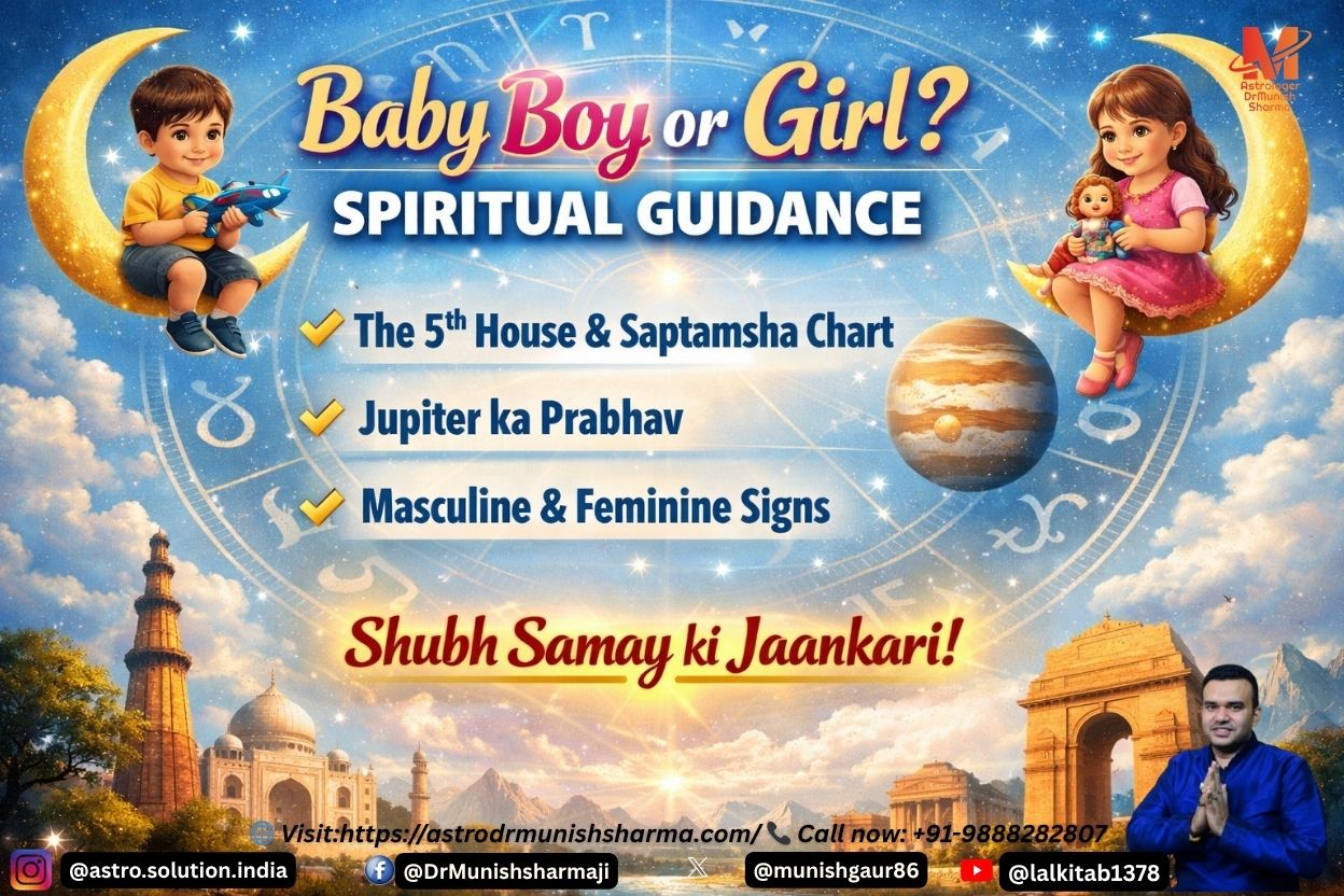 Light sky blue astrology chart with Fifth House and Jupiter symbols, avatar-style zodiac figures, bold Hinglish overlay reading 'Baby Boy or Girl? Spiritual Guidance'.