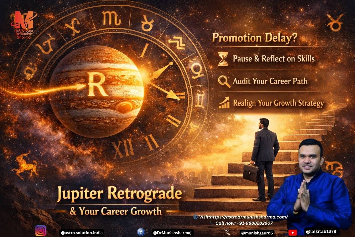 “Symbolic illustration of Jupiter retrograde slowing career promotion, cosmic clock with paused professional growth” “Astrology blog visual: Jupiter retrograde career audit and promotion delay explained” “Vedic astrology career guidance – Jupiter retrograde impact on leadership maturity and growth”