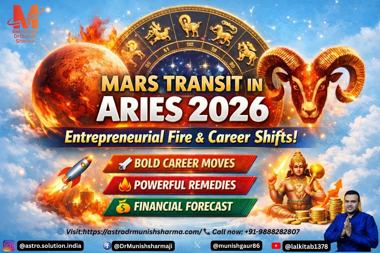 “Mars Transit in Aries 2026 – Fiery cosmic reboot with zodiac wheel and Aries glyph on light sky blue background.” “Astrology career remedies – Mars Aries 2026 with bold Hinglish overlay and symbolic fire imagery.” “Zodiac predictions 2026 – Aries Mars transit effects shown with cosmic flames and entrepreneurial icons.”