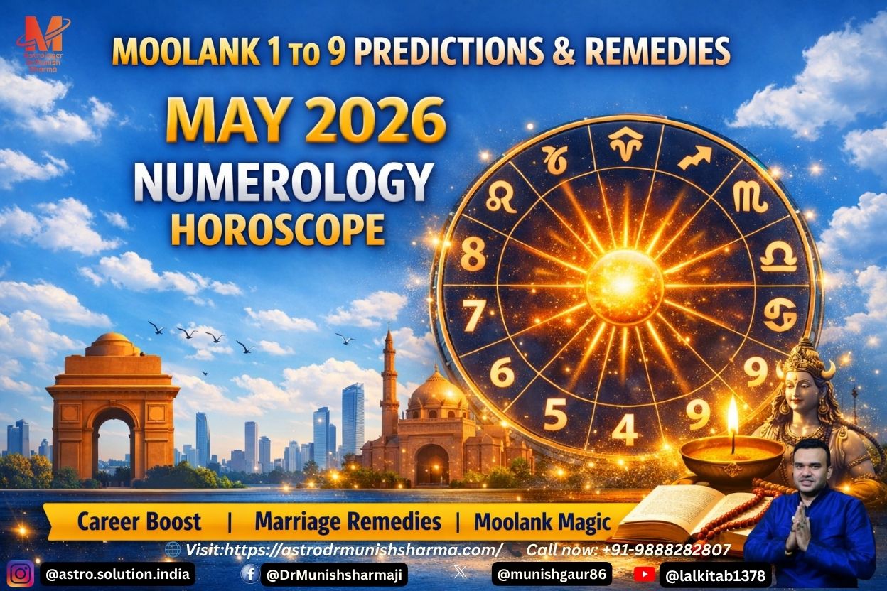 “May 2026 Numerology Horoscope cosmic wheel with zodiac symbols, light sky blue background, bold Hinglish overlay.” “Moolank 5 Mercury month visual – communicator’s avatar figure with cosmic energy and networking motifs.” “Astrology remedies May 2026 – symbolic offerings, meditation, and mantra visuals in cinematic style.”