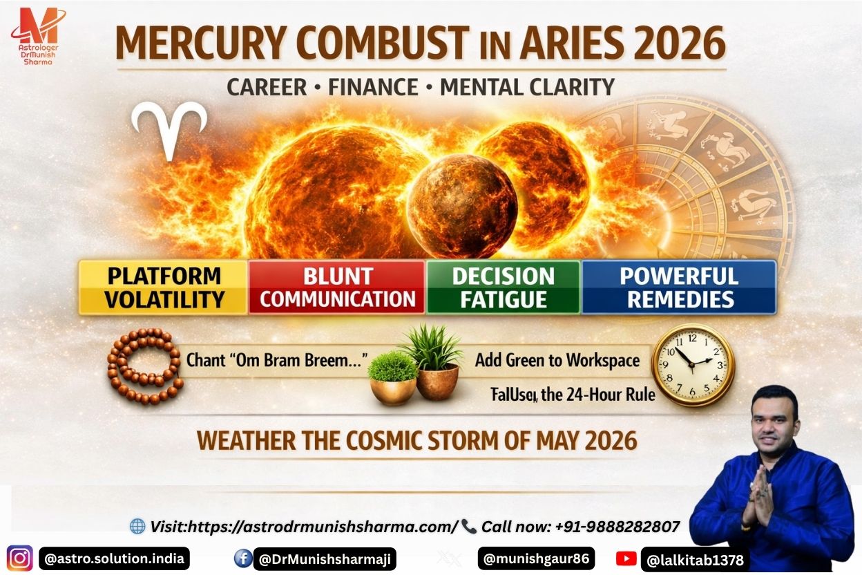 Cosmic fire background with Mercury glyph combust in Aries zodiac wheel, symbolizing career and finance volatility May 2026. Astrological chart showing Mercury combust in Aries with fiery solar rays, highlighting communication and decision-making challenges. Green remedy symbolism with plants and mantra beads, representing Mercury harmonization during Aries combustion transit.