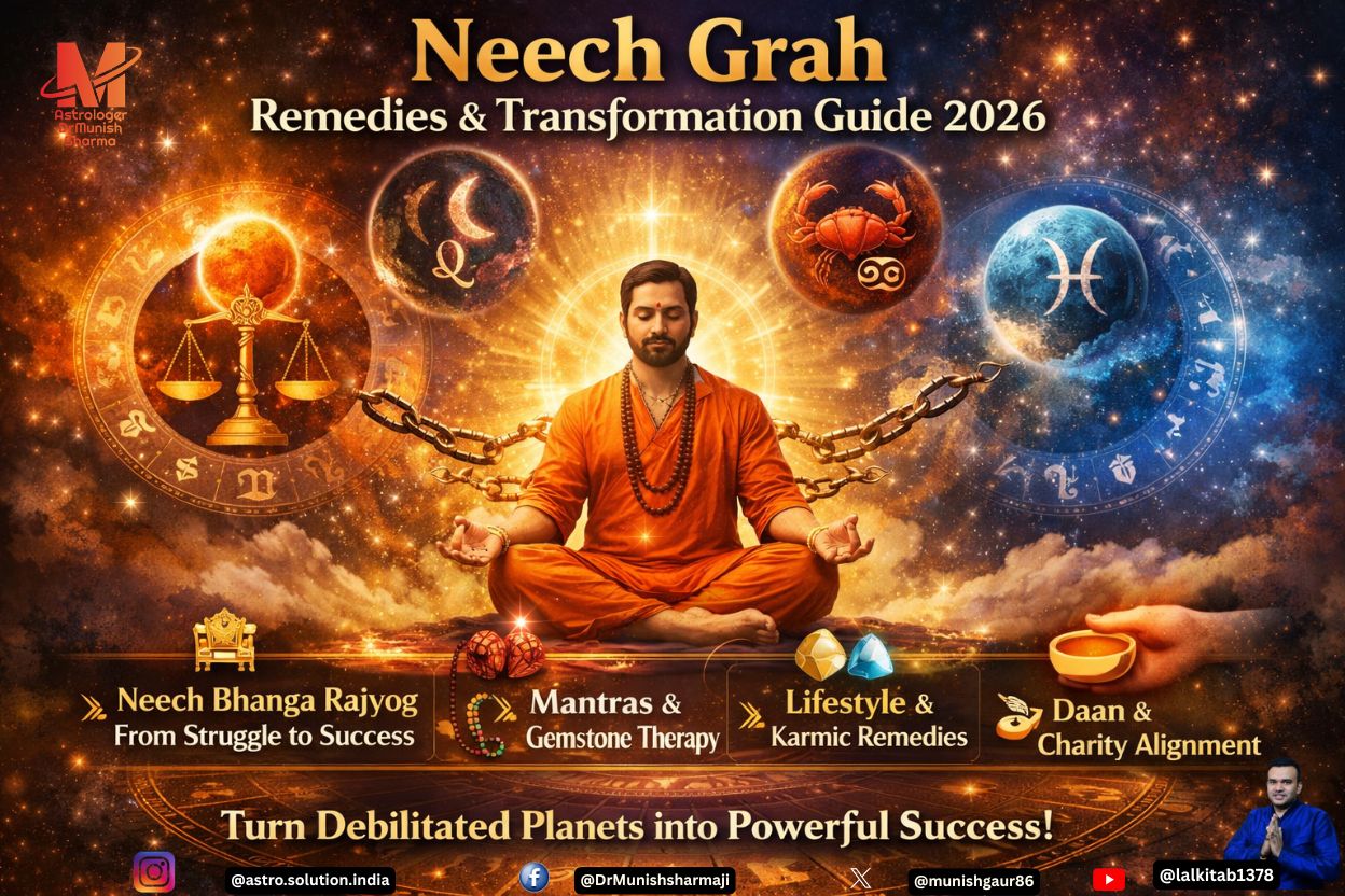 “Neech Grah remedies and transformation guide 2026 – Vedic astrology debilitated planets” “Astrology chart showing Neech Bhanga Rajyog and planetary remedies for career, love, finance” “Debilitated planets turning into strength – cosmic transformation through mantras, daan, and lifestyle”