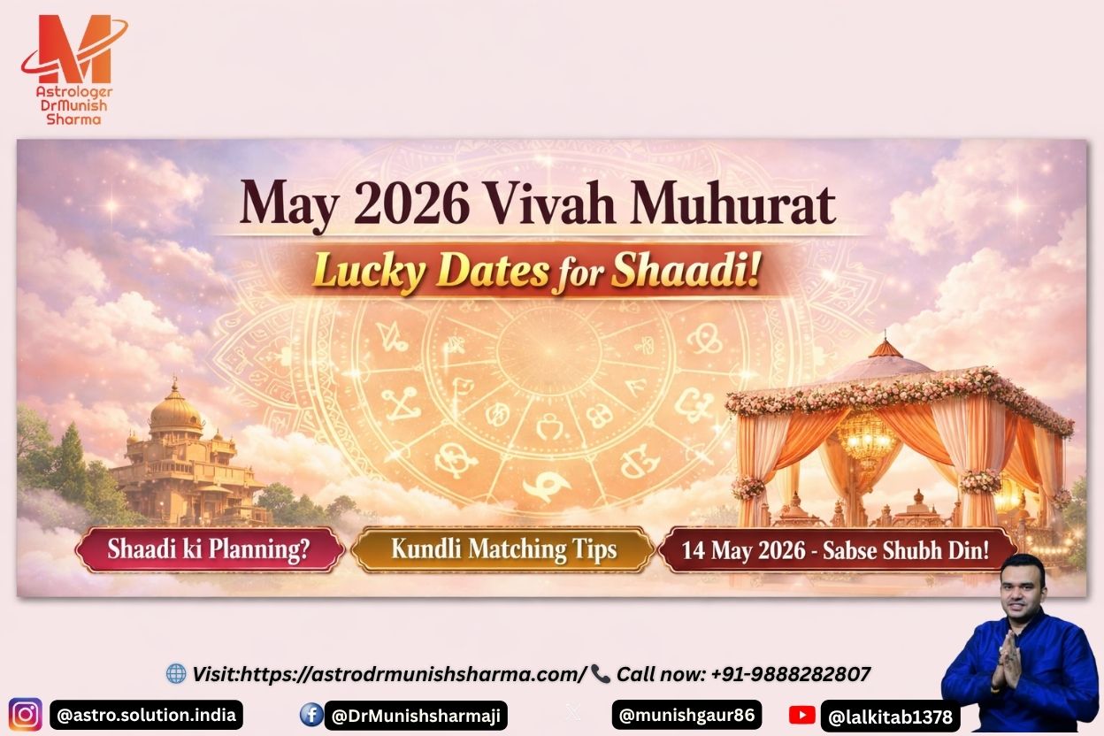 May 2026 Vivah Muhurat – Auspicious wedding dates with zodiac cosmic background and mandap silhouette Lucky wedding dates May 2026 – Hinglish overlay for diaspora audience with cosmic Indian zodiac design. Shubh Vivah Muhurat May 2026 – Astrology guided marriage dates with cosmic wheel and light background.