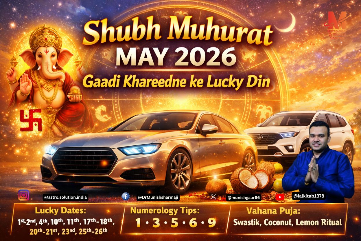Cosmic zodiac wheel glowing behind a car silhouette with Hinglish overlay: “Shubh Muhurat May 2026 – Gaadi Khareedne ke Lucky Din” Golden aura luxury sedan under Rohini Nakshatra stars, symbolizing abundance and prosperity Family SUV with Swastika symbol and Ganesha outline, representing safe travels and blessings Numerology-inspired registration plate glowing with lucky numbers 1, 3, 5, 6, 9