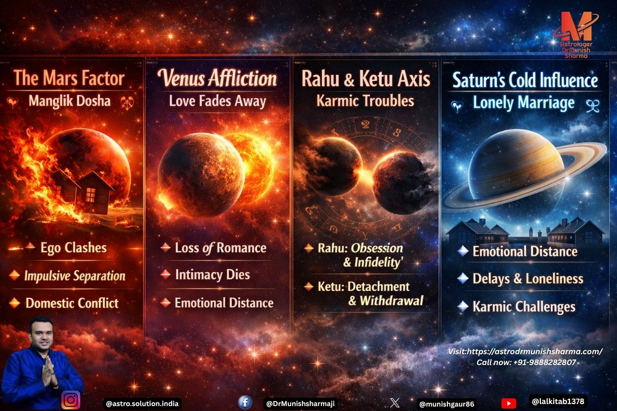 Astrological poster showing Mars influence on marriage, symbolized by fiery red planet energy