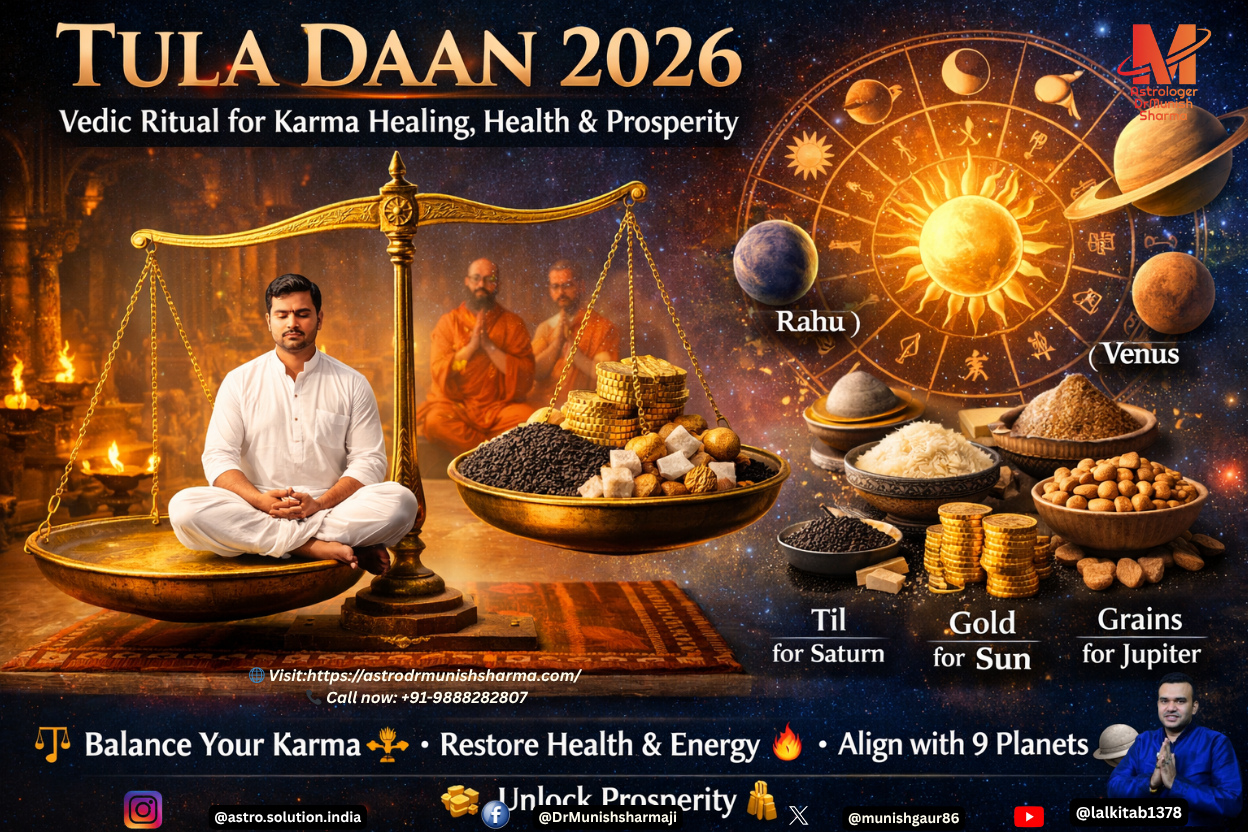 Tula Daan ritual 2026 – devotee seated on balance scale with grains and metals symbolizing karma healing