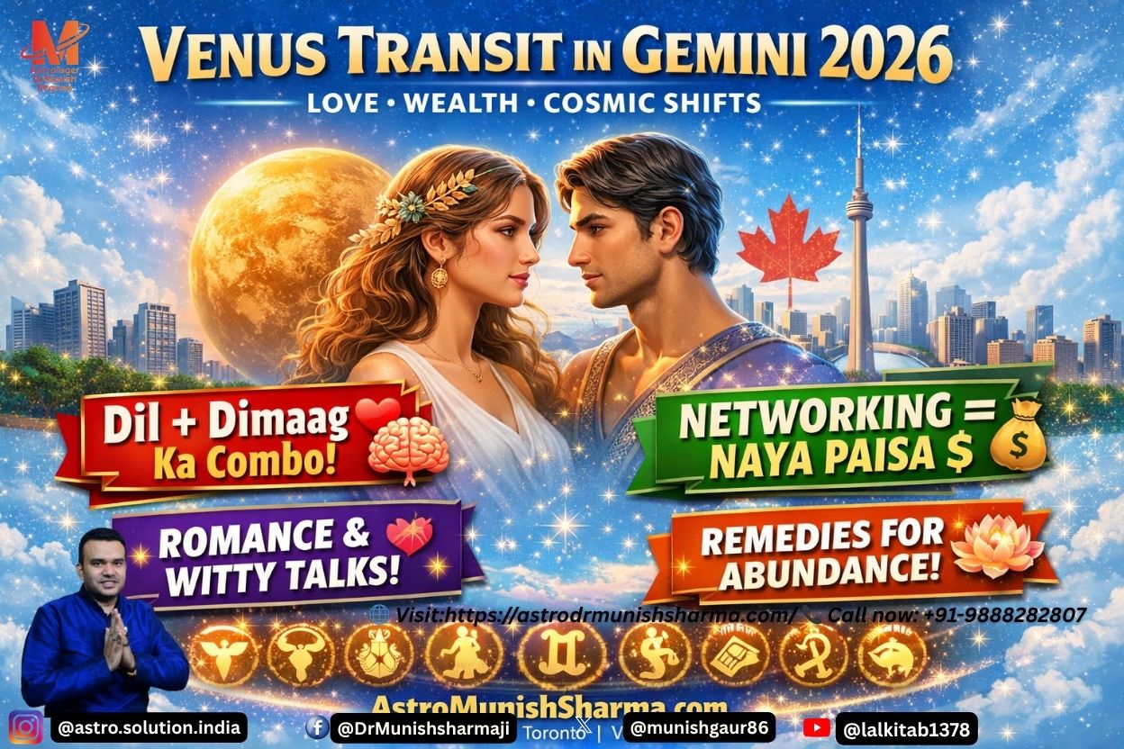 “Venus Transit in Gemini 2026 – Cosmic guide to love, wealth, and creativity with zodiac predictions.” “Astrology visual of Venus entering Gemini, highlighting romance, career, and remedies for abundance.” “Light sky blue cosmic background with Gemini twins symbol and Venus aura for 2026 transit.”