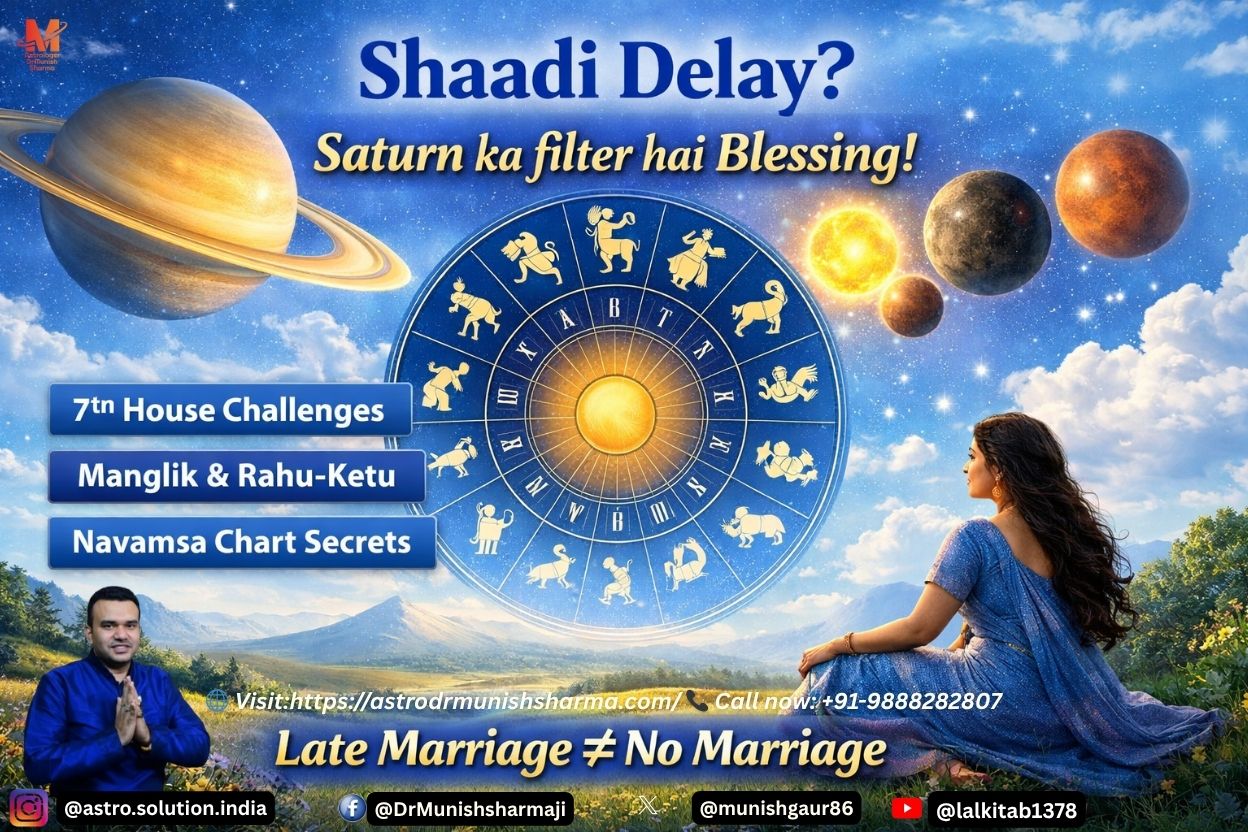 “Cinematic zodiac chart with Saturn in 7th house, symbolizing delayed marriage destiny on light sky blue background.” “Astrology visual showing Venus energy remedies for late marriage, with symbolic avatar figures and Hinglish overlay.” “Navamsa chart-inspired cosmic design highlighting karmic timing and marriage delay factors, diaspora-friendly style.”