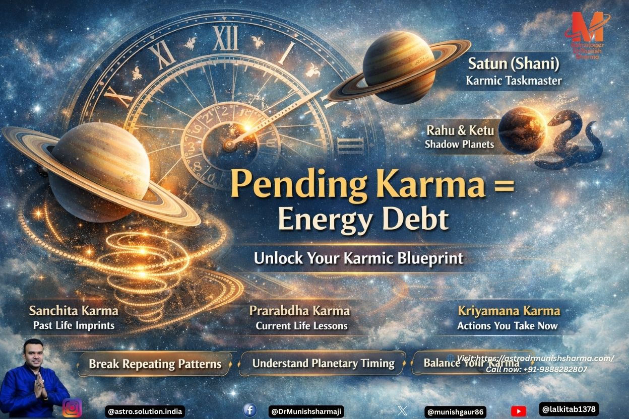 Cosmic clock with Saturn rings and karmic spiral loops, symbolizing pending karma and destiny unfolding.