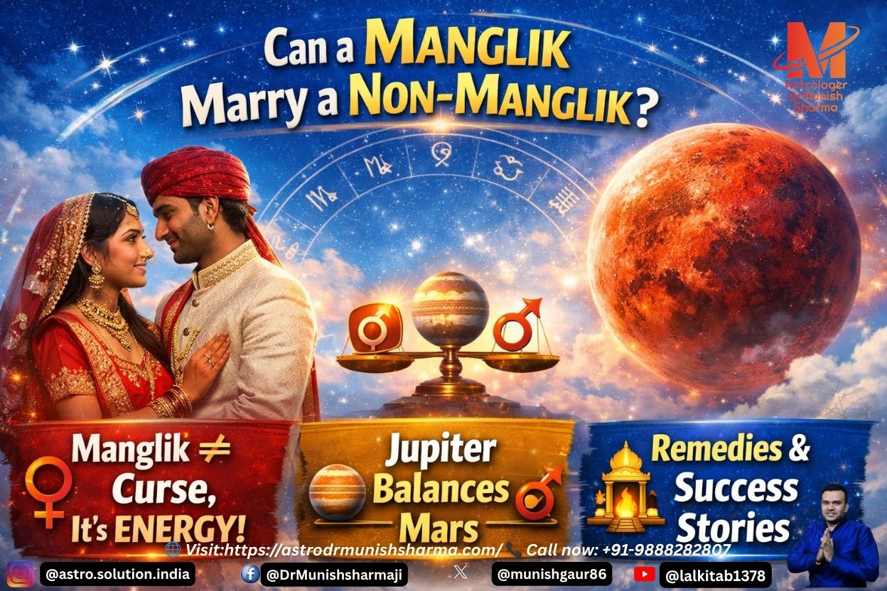 “Light sky blue zodiac background with Mars symbol highlighting Manglik Dosha marriage myths and remedies.” “Astrological chart showing Mars in 7th house with Jupiter aspect, symbolizing Manglik–Non‑Manglik marriage harmony.” “Avatar couple under cosmic sky, representing Manglik and Non‑Manglik union with astrological balance and remedies.”