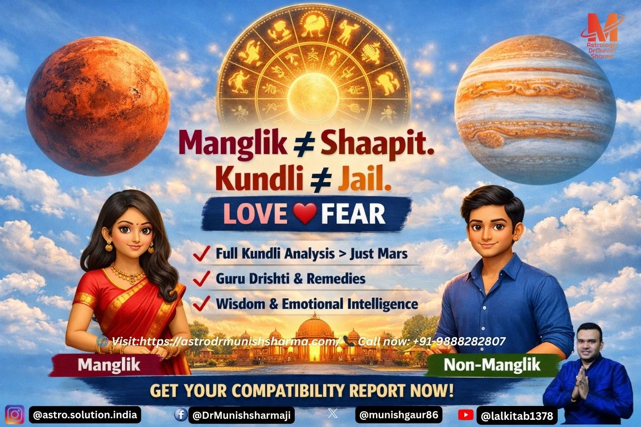 Light sky blue background with symbolic Mars and Jupiter icons, bold Hinglish overlay “Manglik ≠ Shaapit” Astrology infographic showing Manglik Dosha remedies – Hanuman Chalisa, Tuesday fast, Guru drishti Cinematic zodiac wheel with avatar figures, highlighting Manglik vs Non‑Manglik compatibility