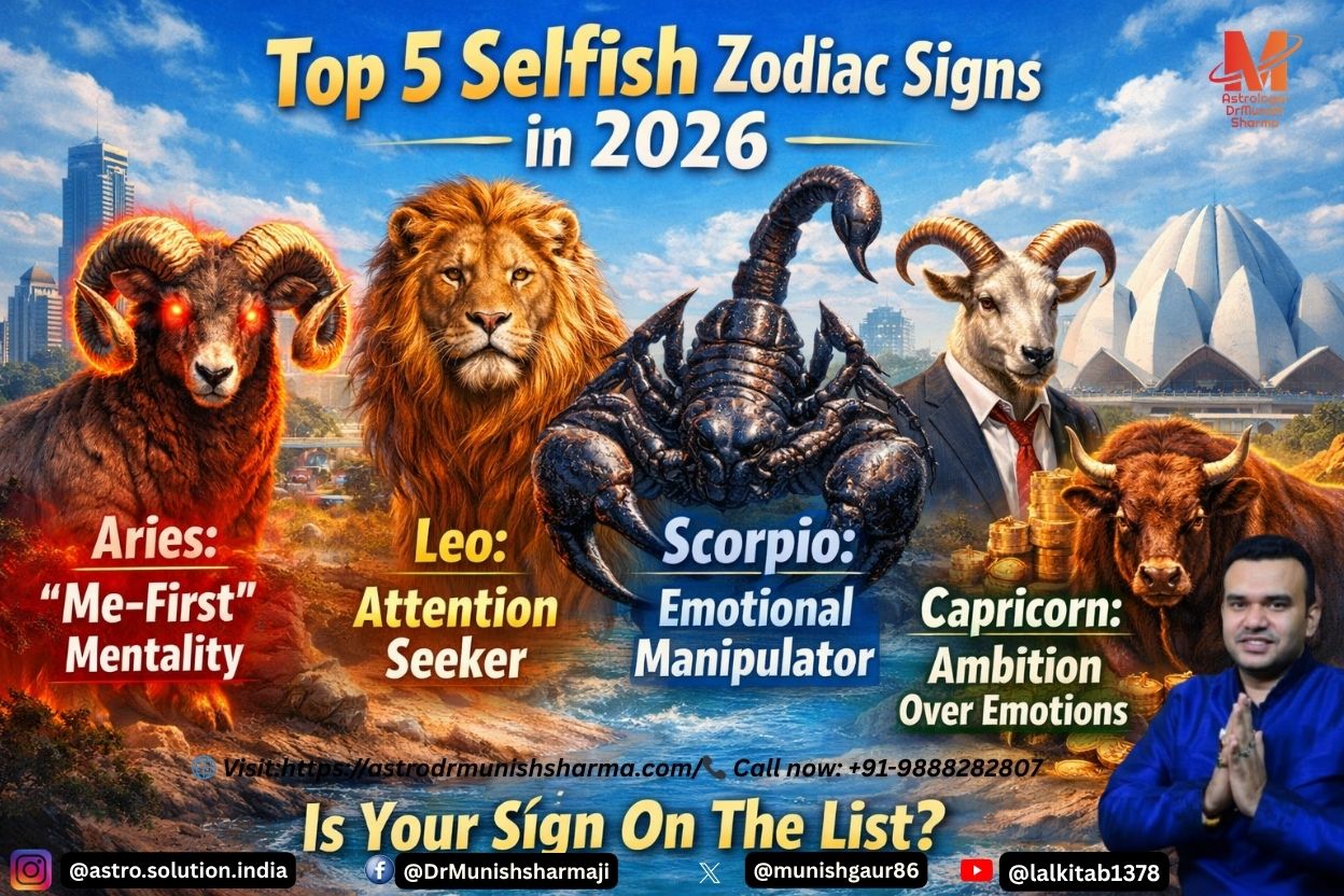 Aries zodiac symbol with fiery red overlay, highlighting impulsive selfish traits in astrology 2026. Leo zodiac lion icon with golden aura, symbolizing attention-seeking and validation-driven behavior. Scorpio zodiac scorpion with dark blue background, representing possessiveness and emotional manipulation. Capricorn zodiac goat with corporate skyline backdrop, symbolizing ambition over emotional connection. Taurus zodiac bull with luxury motifs, highlighting materialism and resistance to change.