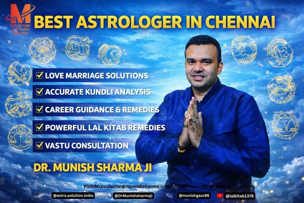 Best astrologer in Chennai offering Vedic astrology, Lal Kitab remedies, love marriage solutions, career guidance, and vastu consultation. Dr. Munish Sharma trusted for accurate kundli analysis, fast remedies, and confidential consultations. Love marriage astrologer Chennai resolving inter‑caste conflicts, parental opposition, and Manglik dosh. Career astrology guidance Chennai for IT professionals, entrepreneurs, and corporate leaders. Vastu consultant Chennai correcting wealth corners and energy blockages in homes and offices.