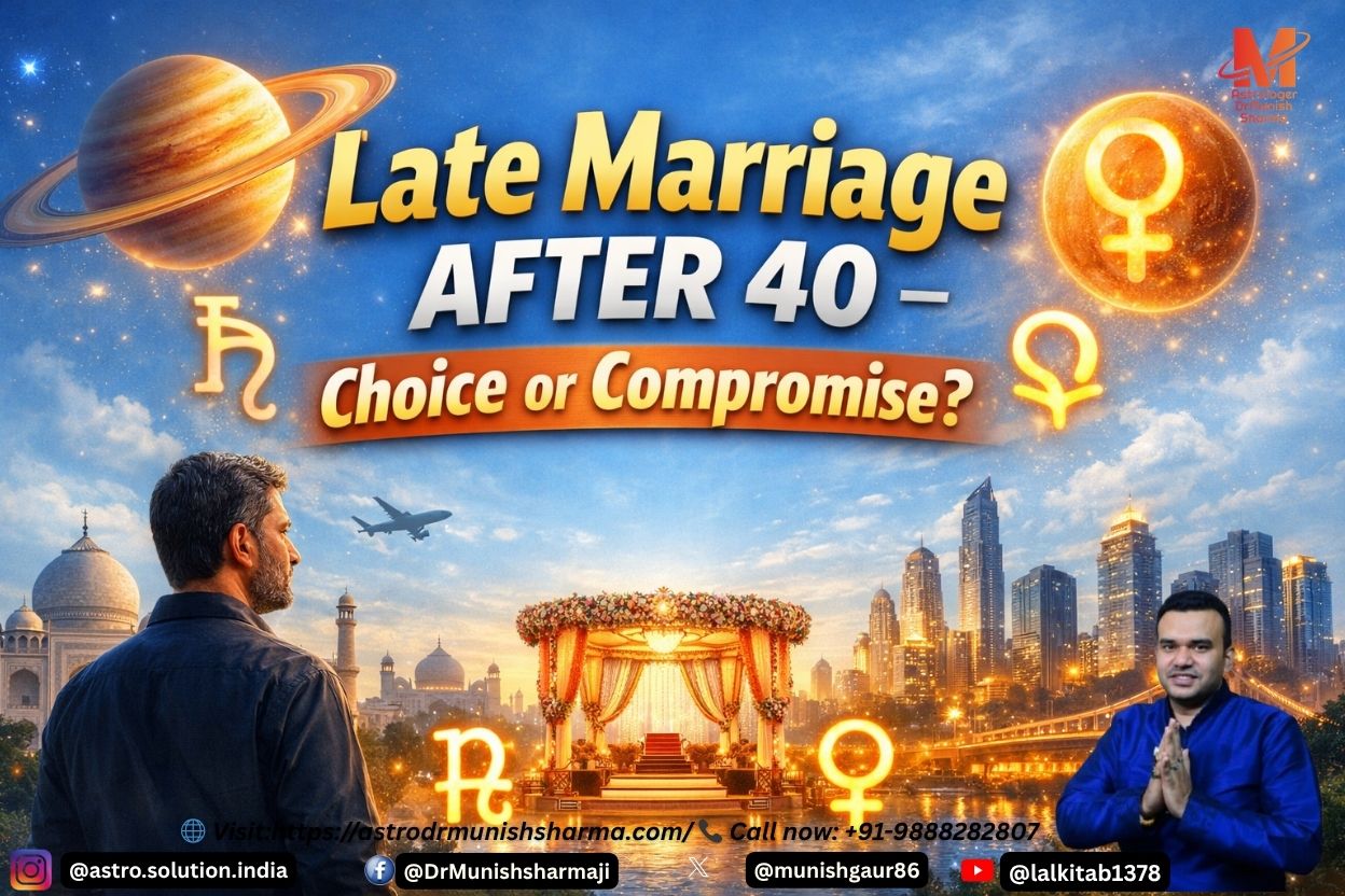 Saturn + Venus zodiac symbols, bold Hinglish overlay: ‘Late Marriage After 40 – Choice or Compromise?’, Indian cityscape motifs and cosmic aura.