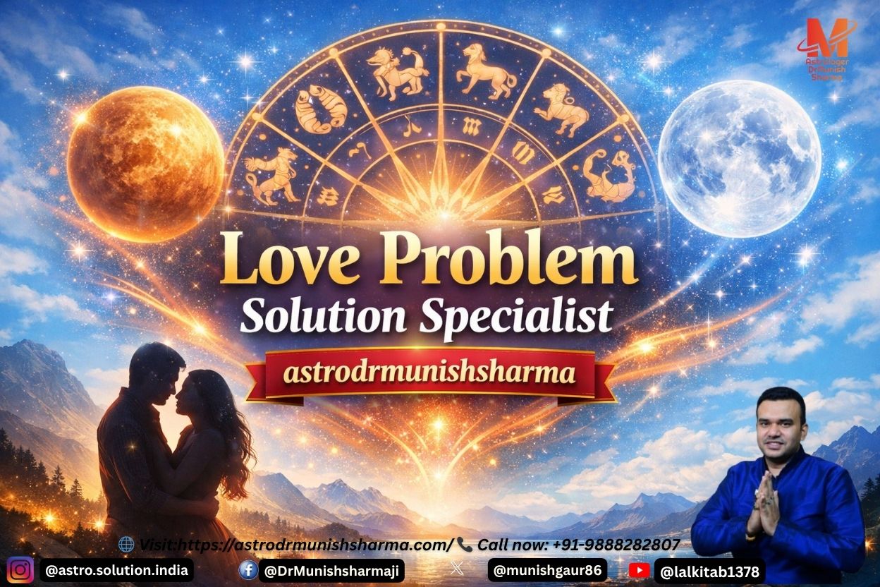 ‘Love Problem Solution Specialist astrodrmunishsharma’, couple silhouette, Venus and Moon planetary motifs, energy healing aura.”