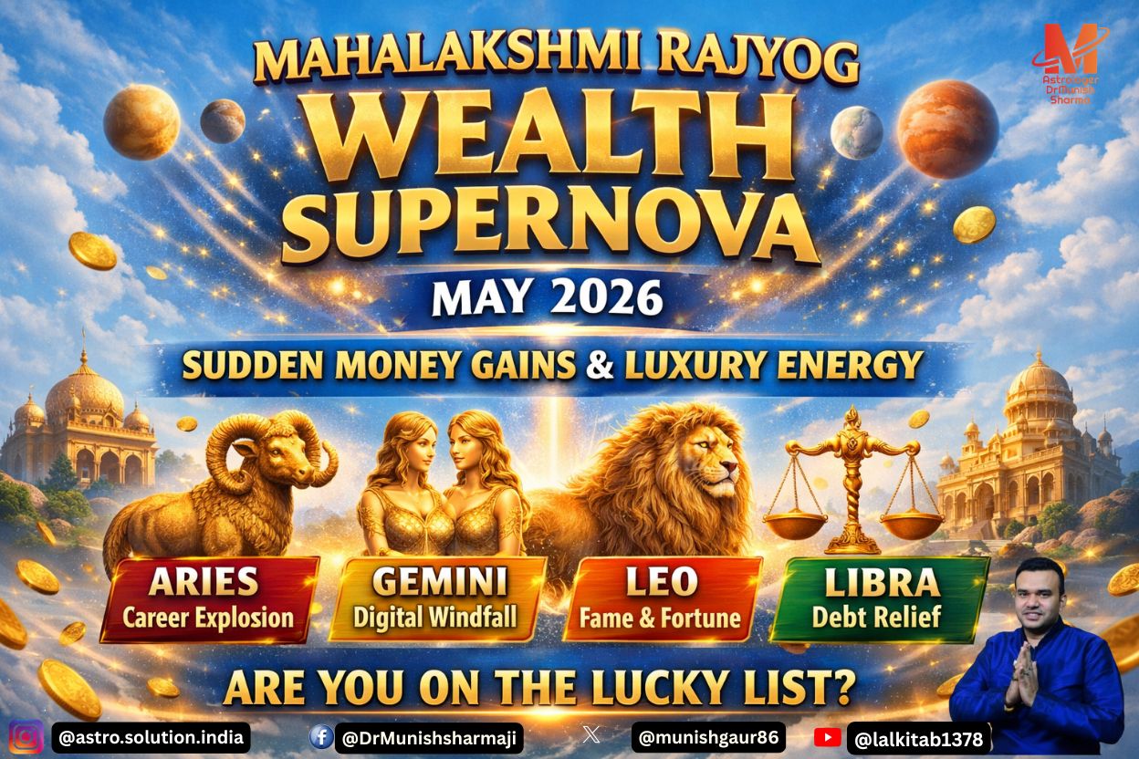 Mahalakshmi Rajyog May 2026 wealth supernova for Aries, Gemini, Leo, and Libra.